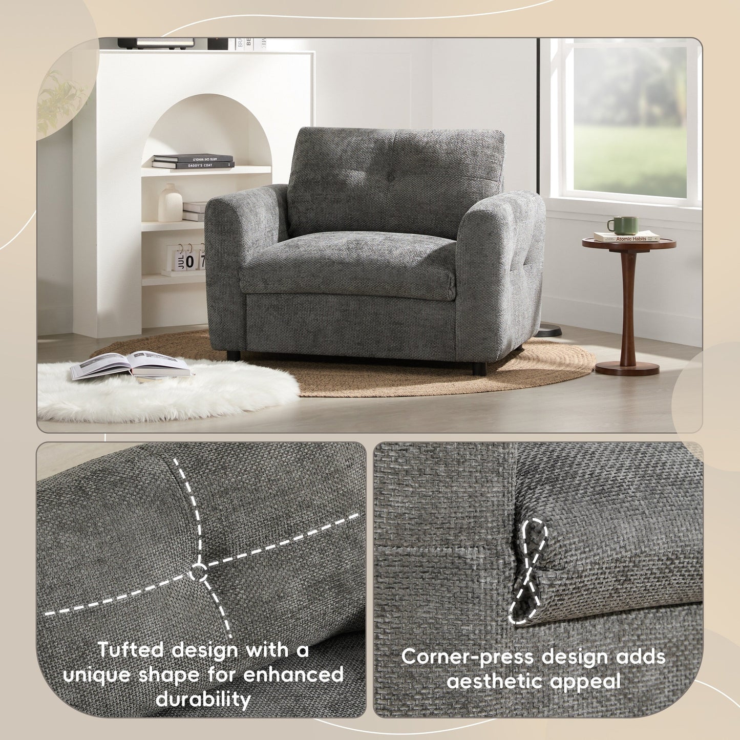 42â?Wide Seat Armchair with Dual-Port Charger and Tufted Pull-Line Design by Harper&Bright Designs