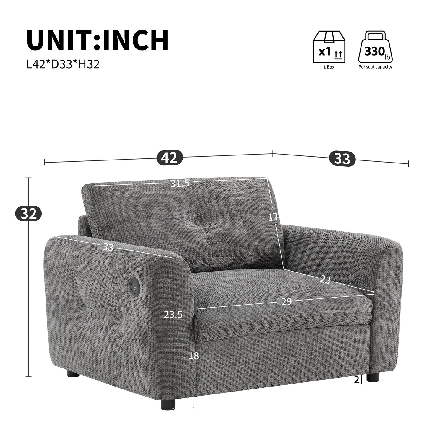 42â?Wide Seat Armchair with Dual-Port Charger and Tufted Pull-Line Design by Harper&Bright Designs