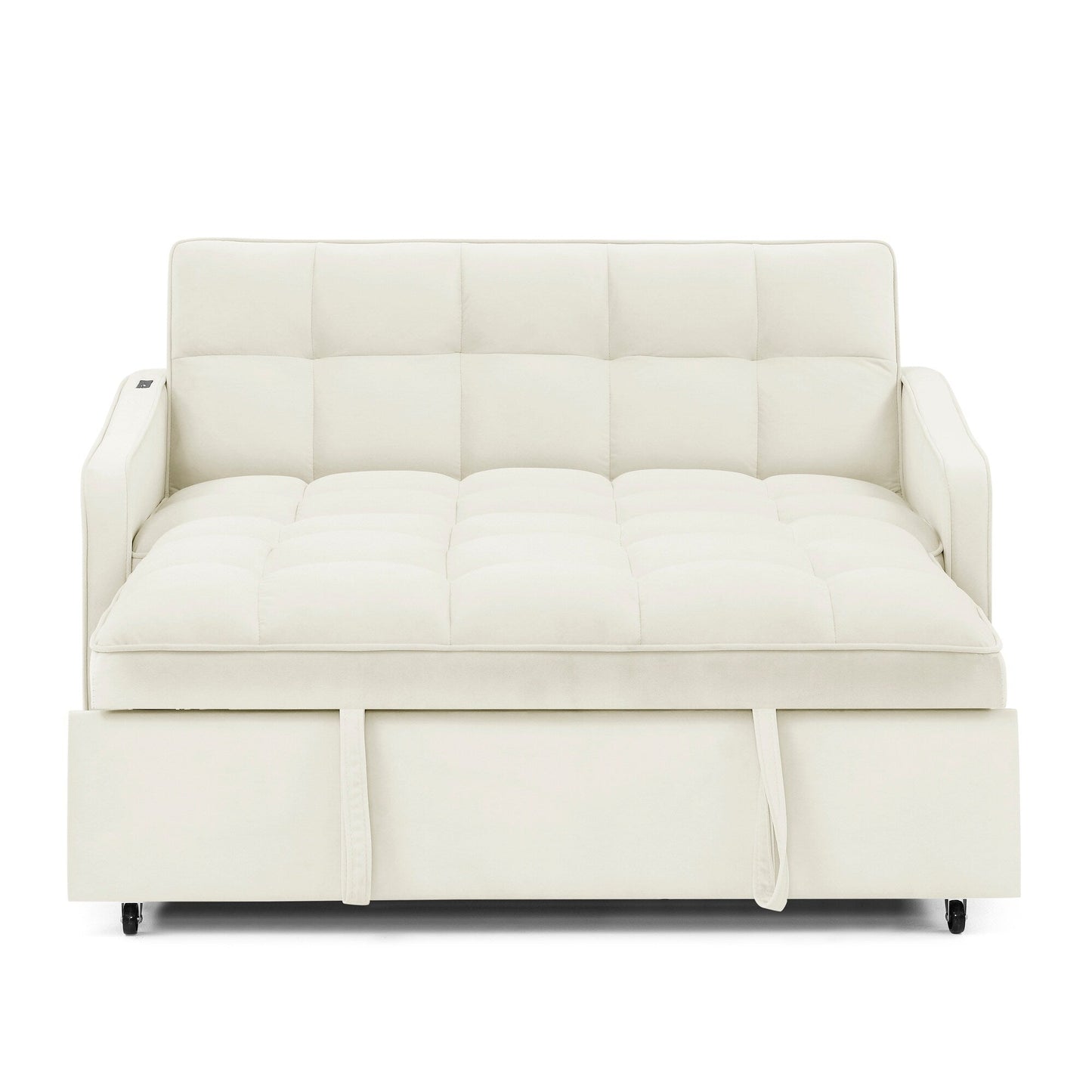 53 Foam Adjustable Loveseat Sofa Bed with Pull-Out Bed, USB/Type-C Charging, Copper Nail Trim, and Arm Storage Pockets