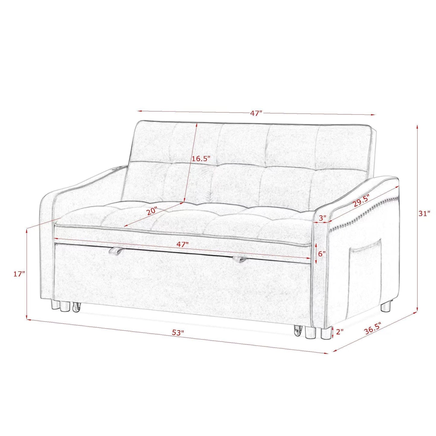 53 Foam Adjustable Loveseat Sofa Bed with Pull-Out Bed, USB/Type-C Charging, Copper Nail Trim, and Arm Storage Pockets