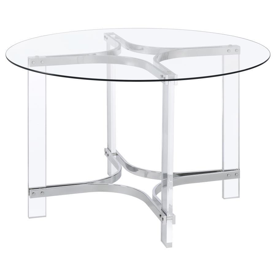 Keeling - Ensemble de salle à manger rond 5 pièces en acrylique avec plateau en verre - Chrome