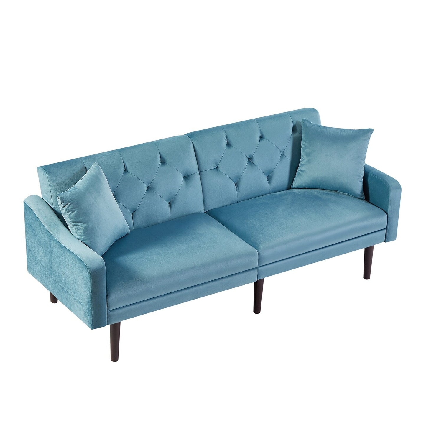 Velvet 3-seater Sofa Bed with Throw Pillows and Wood Frame