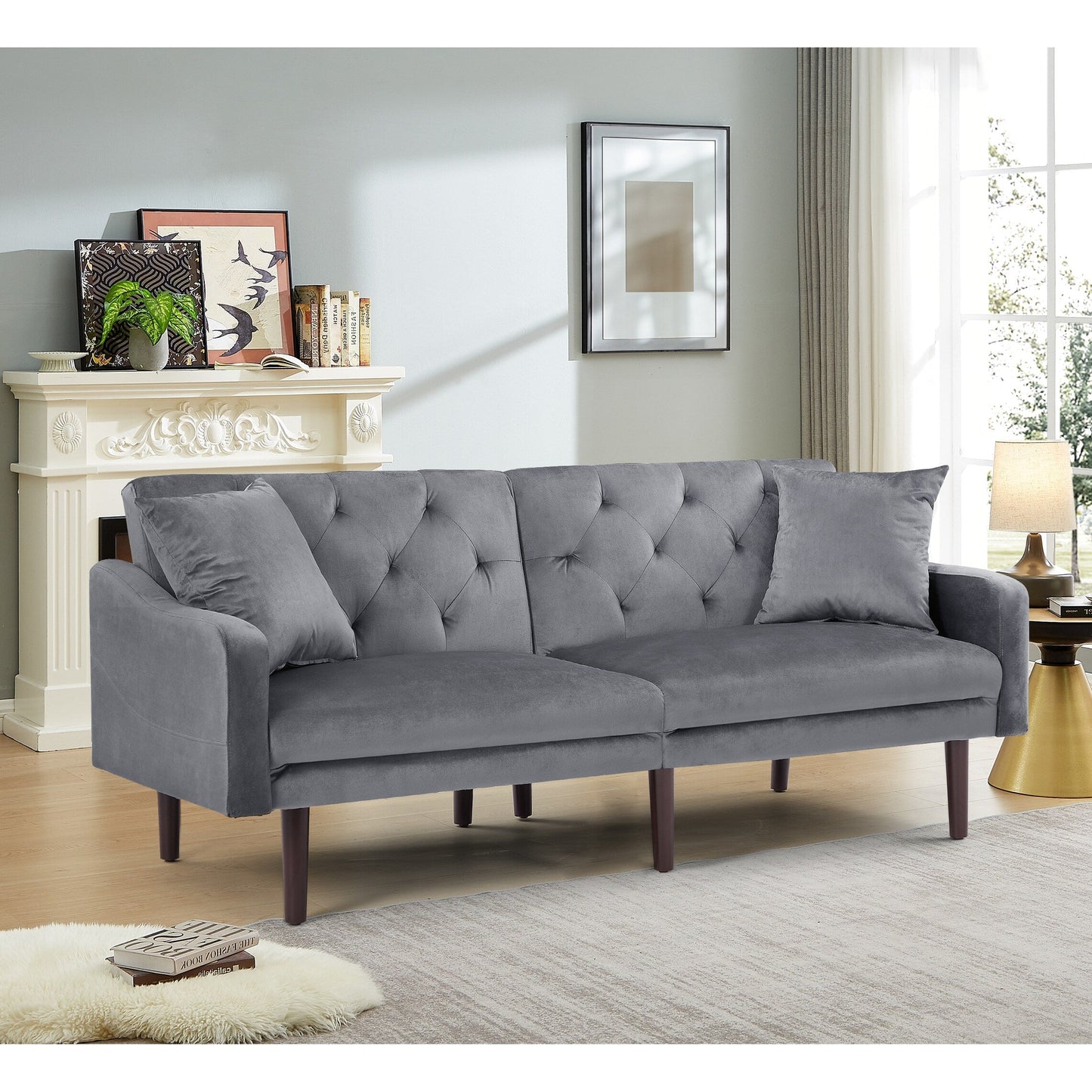 Velvet 3-seater Sofa Bed with Throw Pillows and Wood Frame