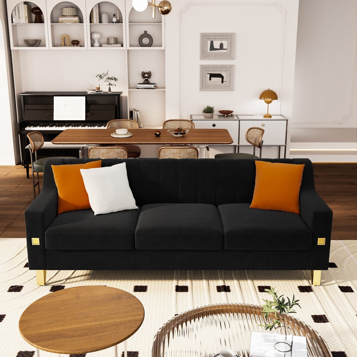 Velvet 3-seater Sofa with Gold Accents