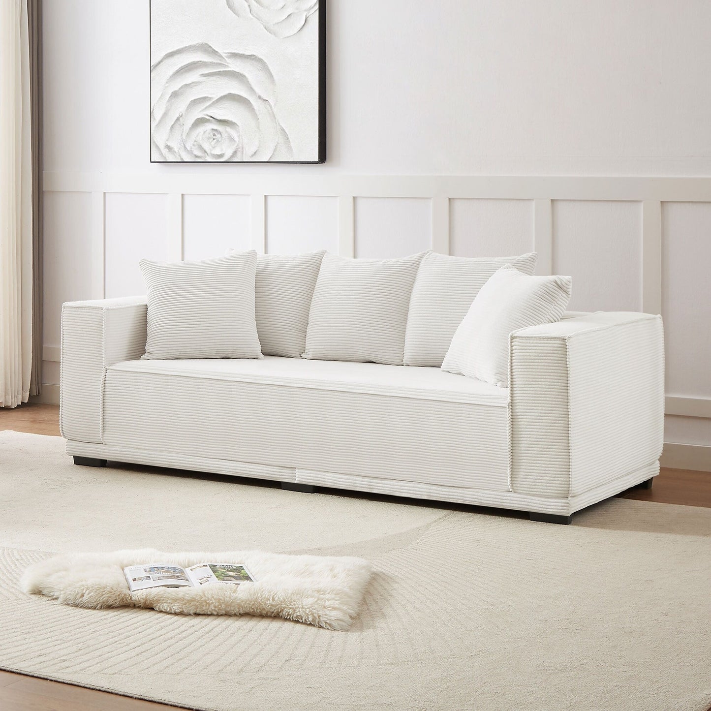 White Corduroy Upholstered 3-seater Sofa with Toss Pillows