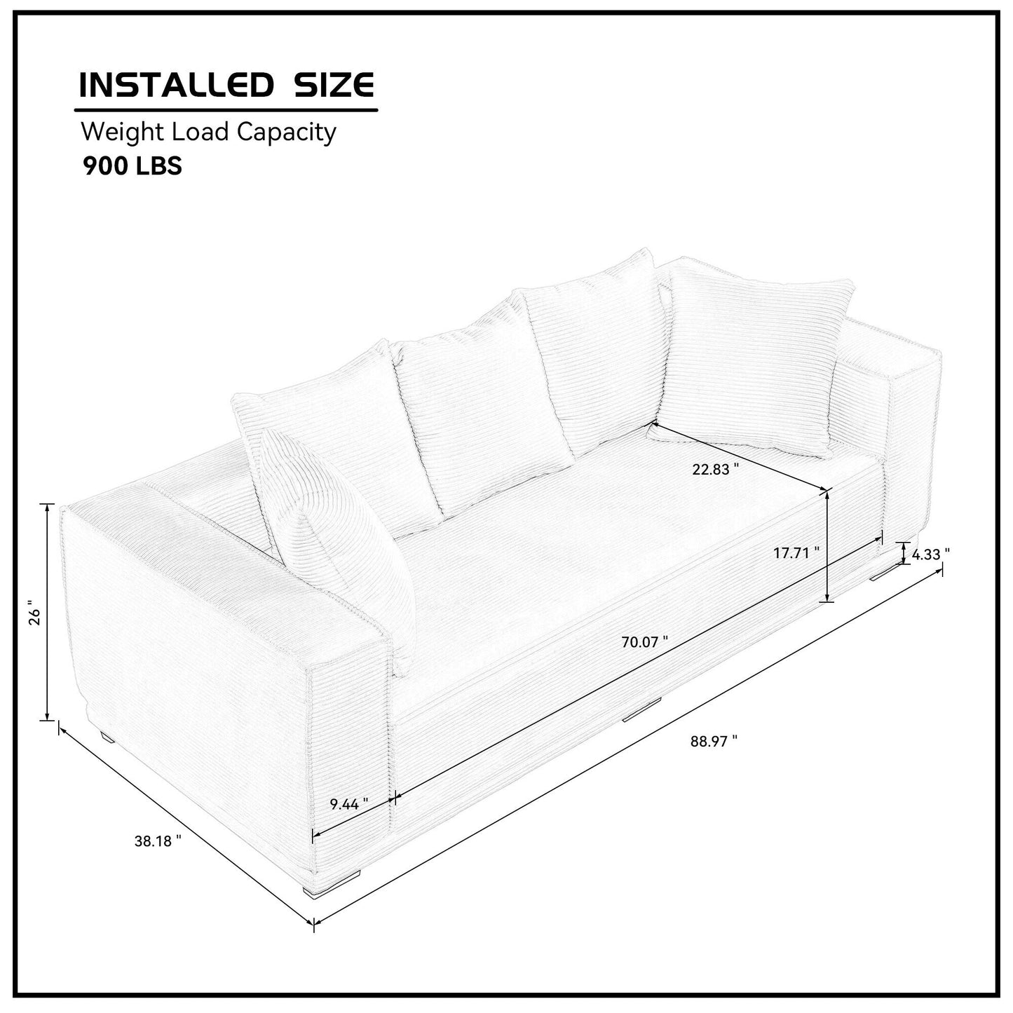 White Corduroy Upholstered 3-seater Sofa with Toss Pillows