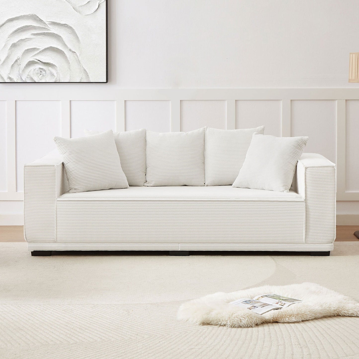 White Corduroy Upholstered 3-seater Sofa with Toss Pillows