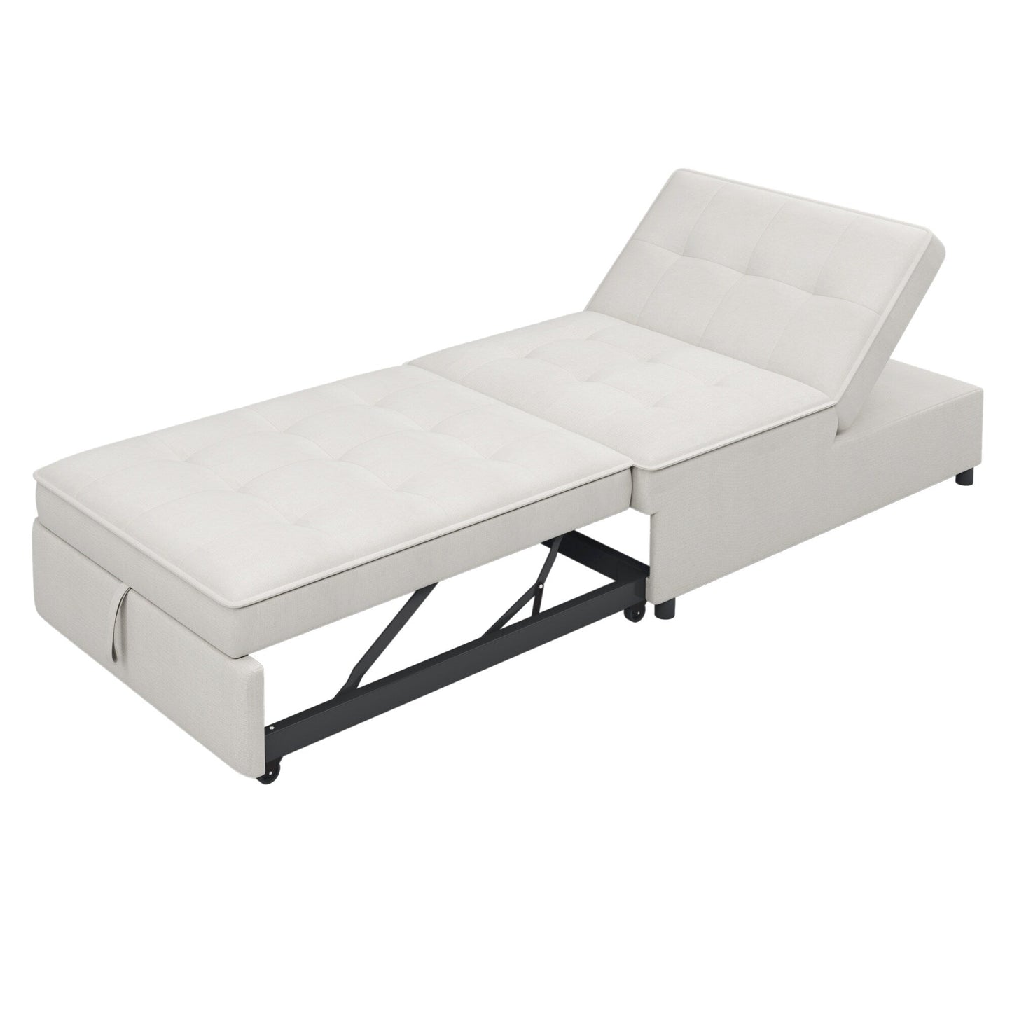 White Linen Ottoman Sofa Bed with Storage Pocket and USB Port