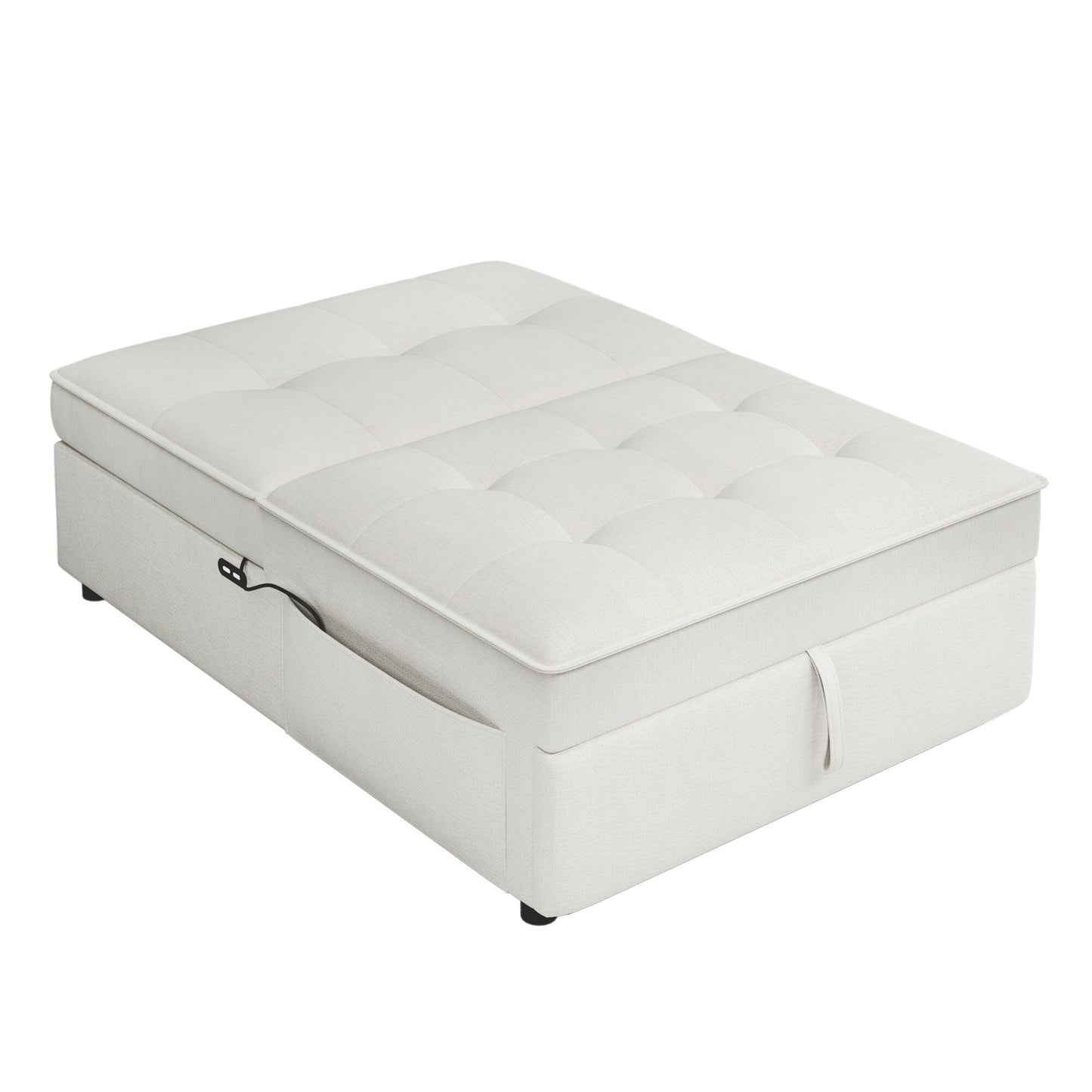 White Linen Ottoman Sofa Bed with Storage Pocket and USB Port