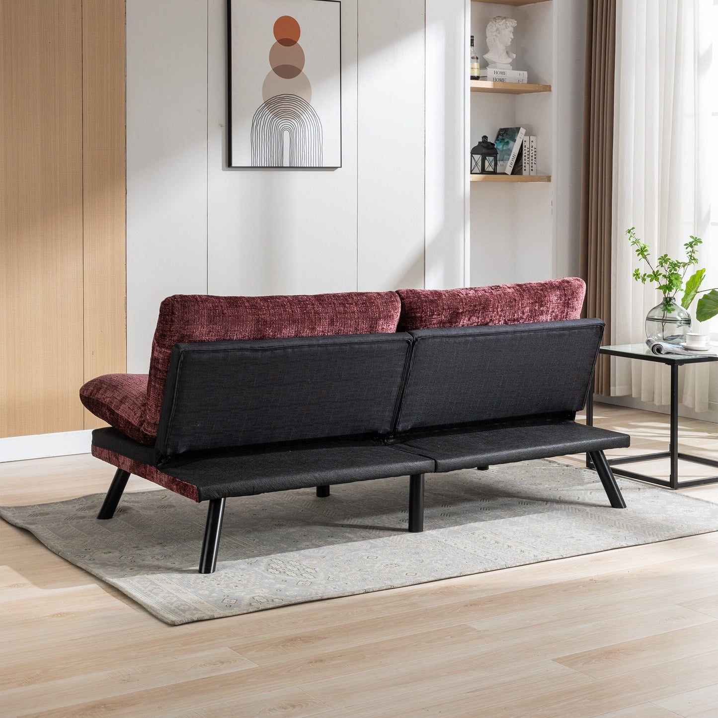 Wine Red 75.6 Chenille Convertible Loveseat Futon Sofa Bed with Metal Legs for Living Room