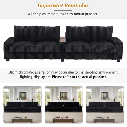 133 4-Seater Corduroy Sofa - Modern Storage Couch with USB Ports, Flip-Top Cup Holders