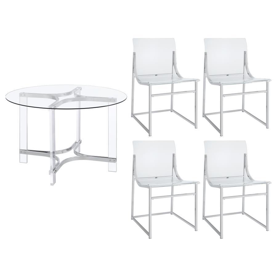 Keeling - Ensemble de salle à manger rond 5 pièces en acrylique avec plateau en verre - Chrome