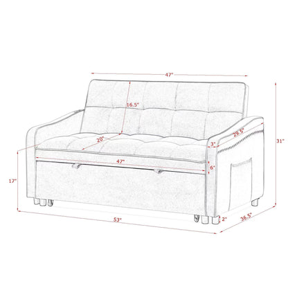 53 Foam Adjustable Loveseat Sofa Bed with Pull-Out Bed, USB/Type-C Charging, Copper Nail Trim, and Arm Storage Pockets