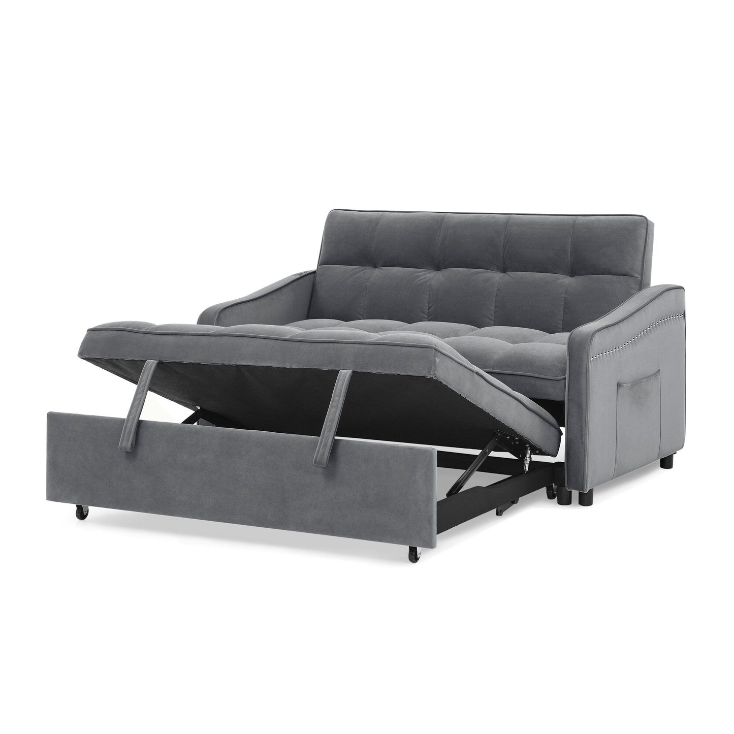 53 Foam Adjustable Loveseat Sofa Bed with Pull-Out Bed, USB/Type-C Charging, Copper Nail Trim, and Arm Storage Pockets