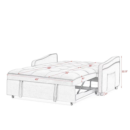 53 Foam Adjustable Loveseat Sofa Bed with Pull-Out Bed, USB/Type-C Charging, Copper Nail Trim, and Arm Storage Pockets