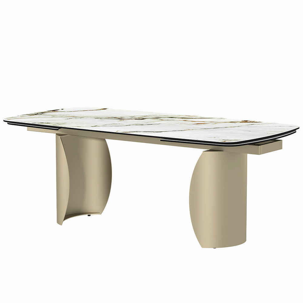 Cora - Table à manger - Plateau en céramique et champagne doré