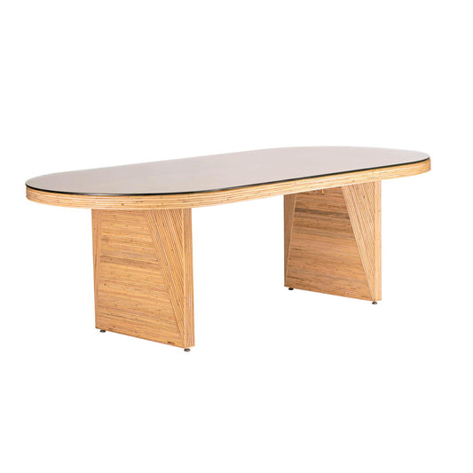 Caren - Table à manger ovale en rotin et verre - Naturel