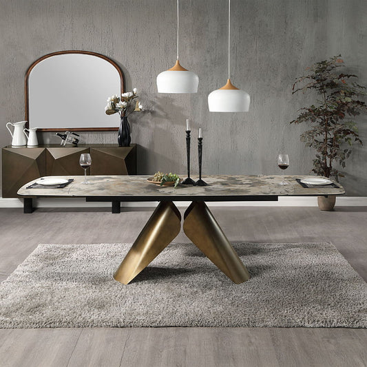 Malika - Table à manger avec plateau en céramique - Gris et cuivre brossé