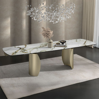 Cora - Table à manger - Plateau en céramique et champagne doré