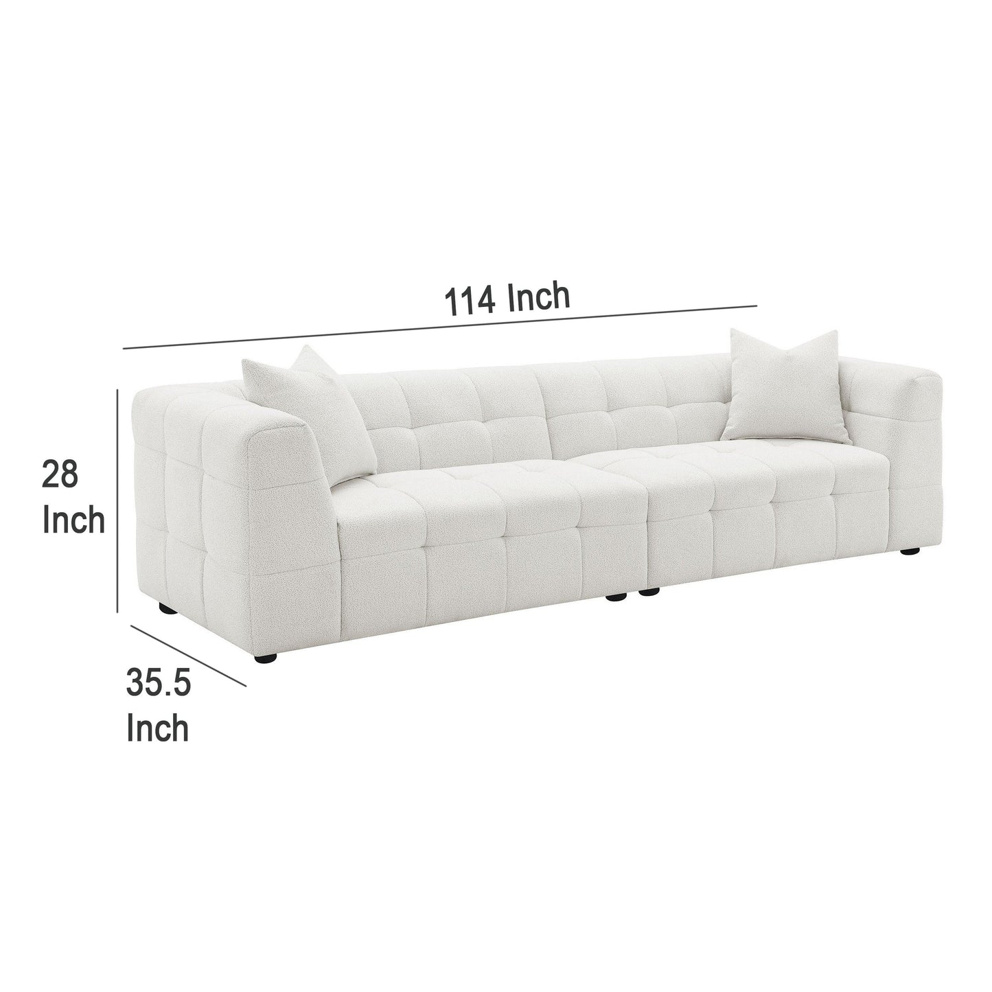 Lopo 114 Inch Long Sofa, Grid Tufted Off White Fabric 2 Accent Pillows