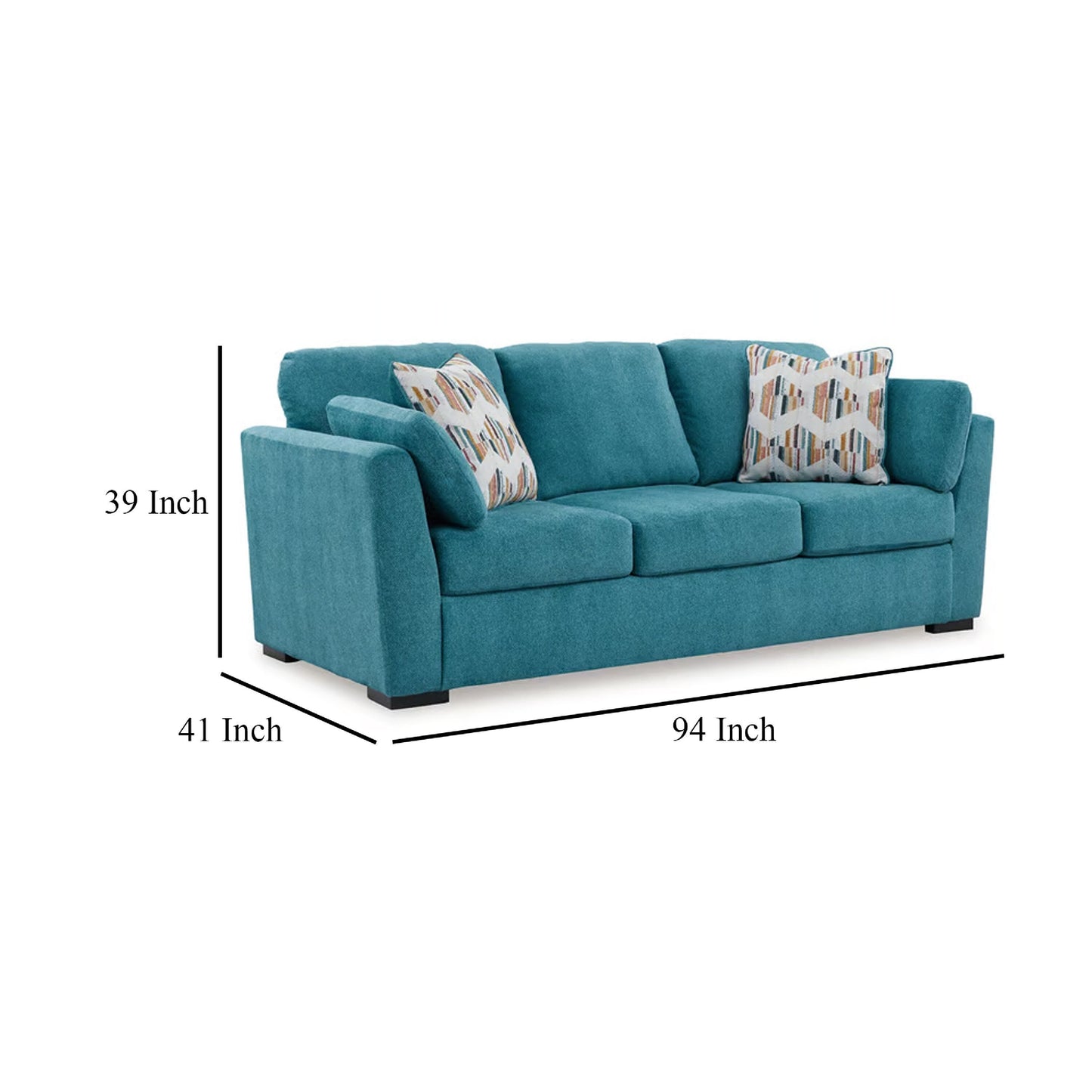 Viena Sofa with 2 Accent Throw Pillows, Teal Blue Faux Velvet 94 Inch