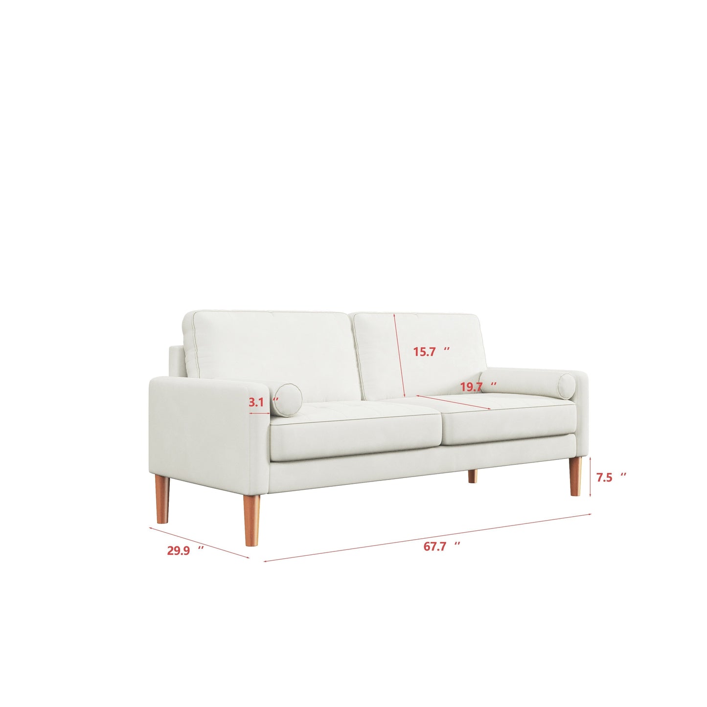 White 67.7'' Upholstered 3-Seater Sofa with Solid Wood Frame, High-Density Foam Cushions, and Tool-Free Assembly