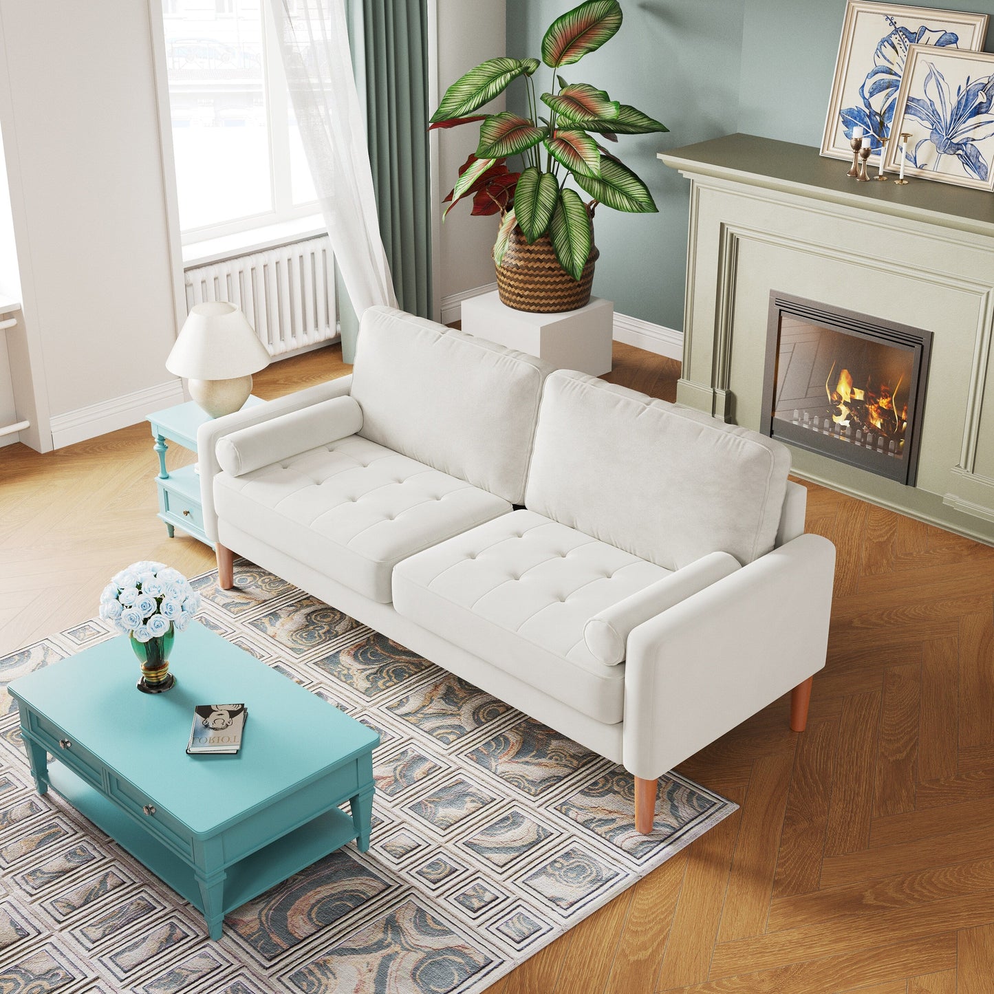 White 67.7'' Upholstered 3-Seater Sofa with Solid Wood Frame, High-Density Foam Cushions, and Tool-Free Assembly