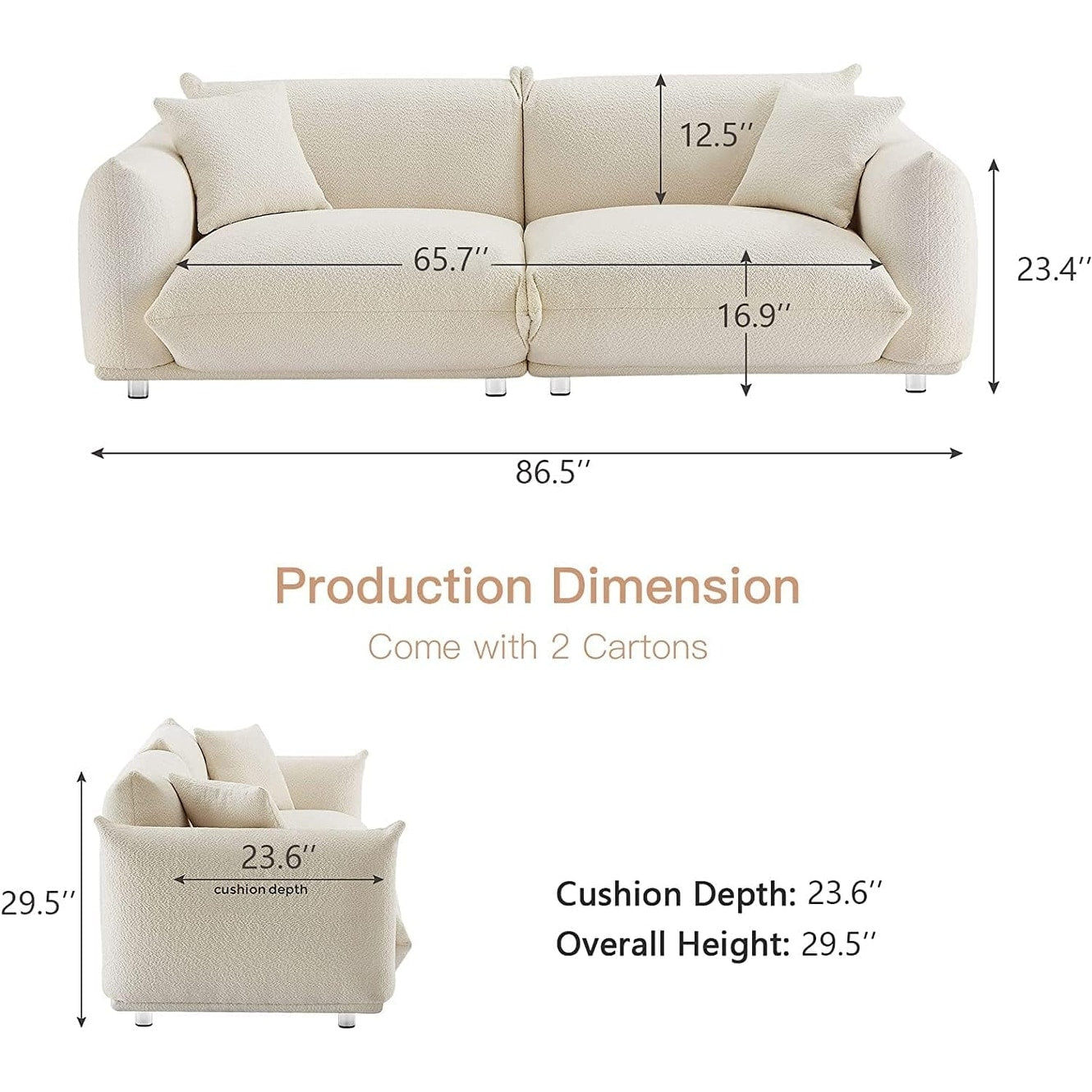 White 87'' Oversized Loveseat Sofa Couch with Metal Legs, Solid Wood Frame, 2 Pillows, Plush and Durable