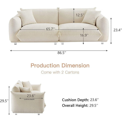 White 87'' Oversized Loveseat Sofa Couch with Metal Legs, Solid Wood Frame, 2 Pillows, Plush and Durable