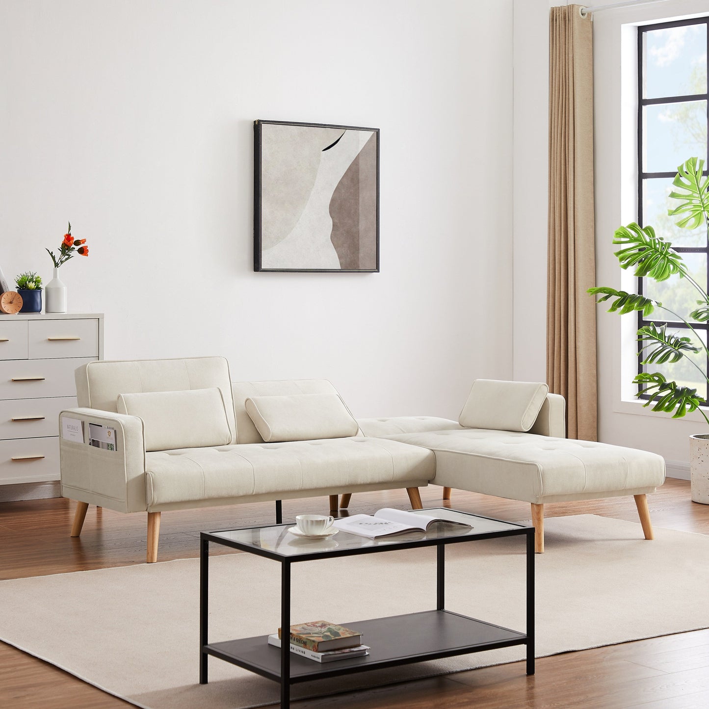 White 94.5 Convertible Linen Sectional Sofa with Right Facing Chaise, Organizer Bag, and Foam Cushions