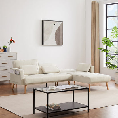 White 94.5 Convertible Linen Sectional Sofa with Right Facing Chaise, Organizer Bag, and Foam Cushions