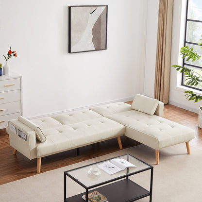 White 94.5 Convertible Linen Sectional Sofa with Right Facing Chaise, Organizer Bag, and Foam Cushions