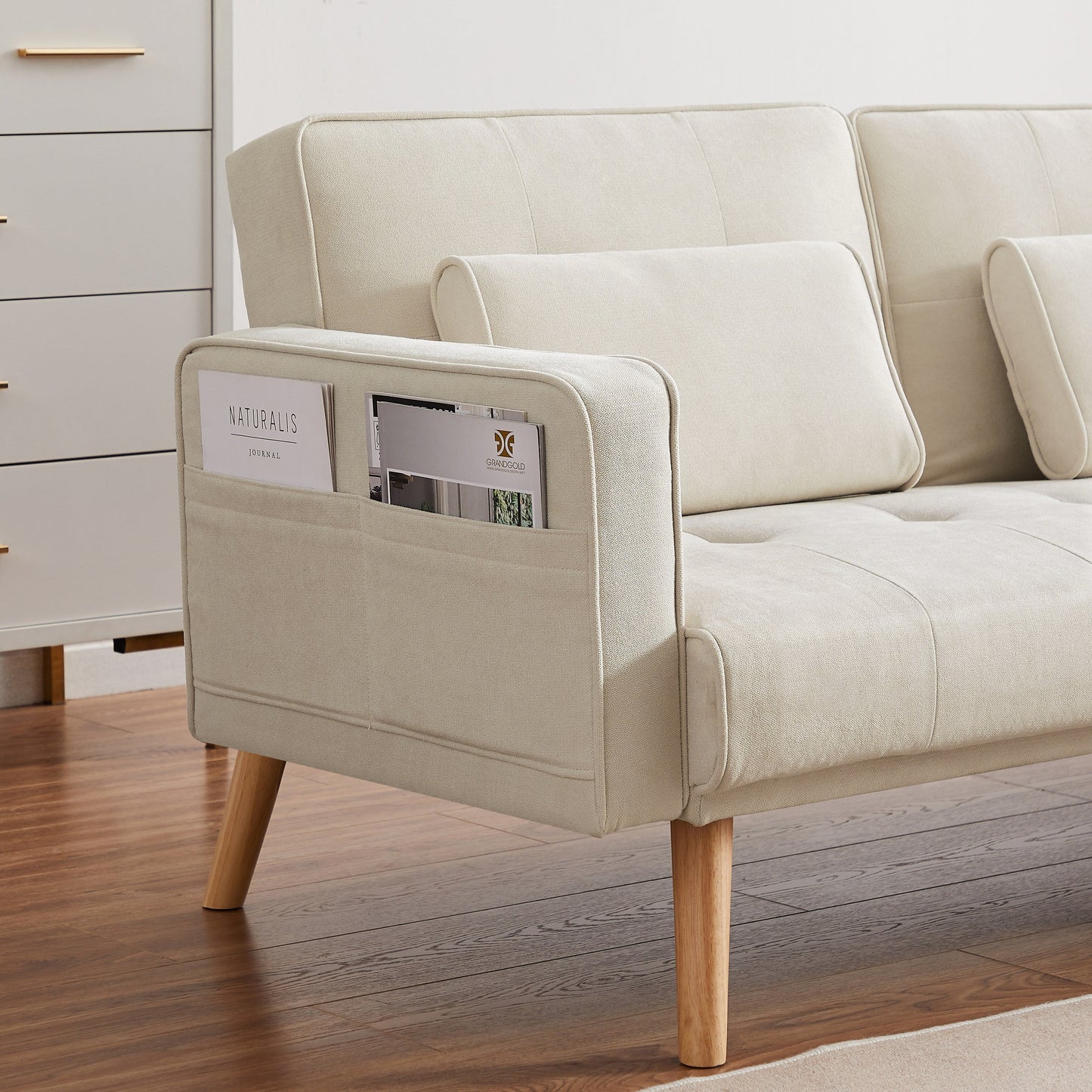 White 94.5 Convertible Linen Sectional Sofa with Right Facing Chaise, Organizer Bag, and Foam Cushions