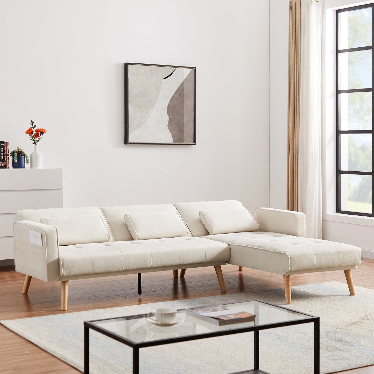 White 94.5 Convertible Linen Sectional Sofa with Right Facing Chaise, Organizer Bag, and Foam Cushions