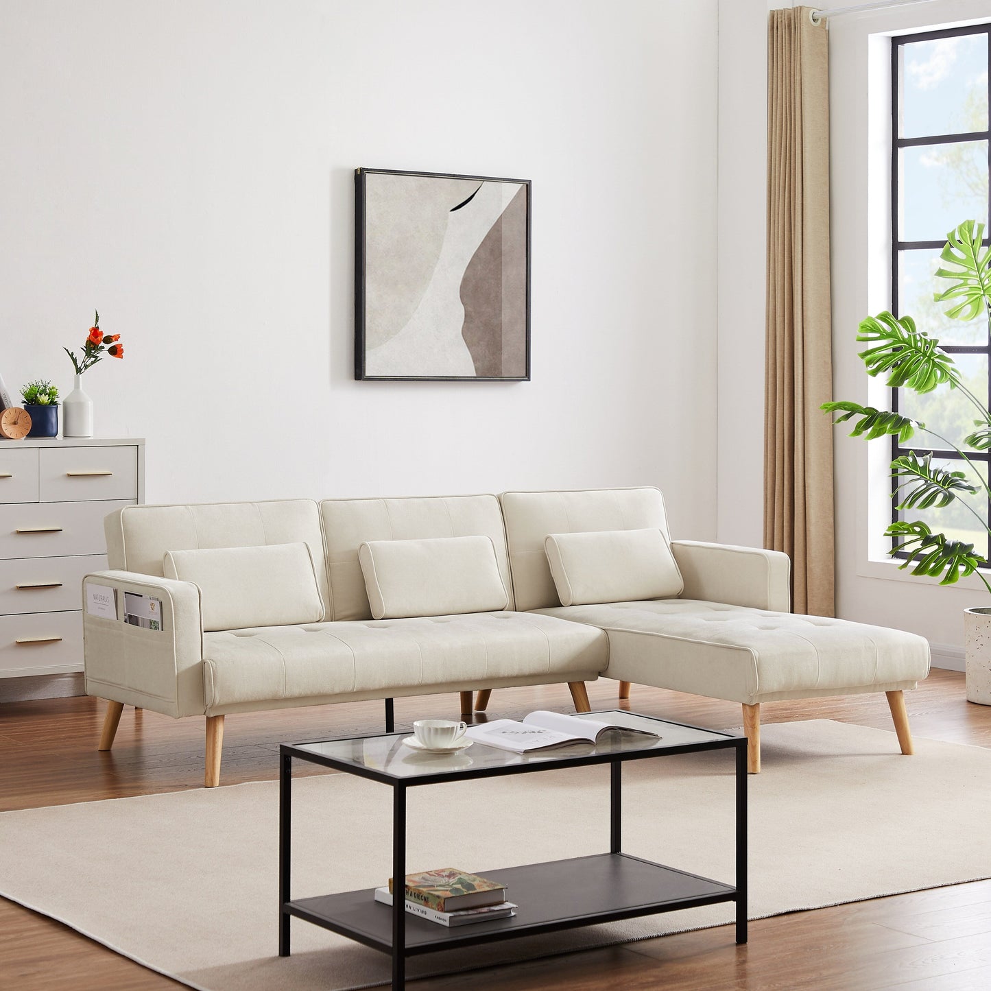 White 94.5 Convertible Linen Sectional Sofa with Right Facing Chaise, Organizer Bag, and Foam Cushions