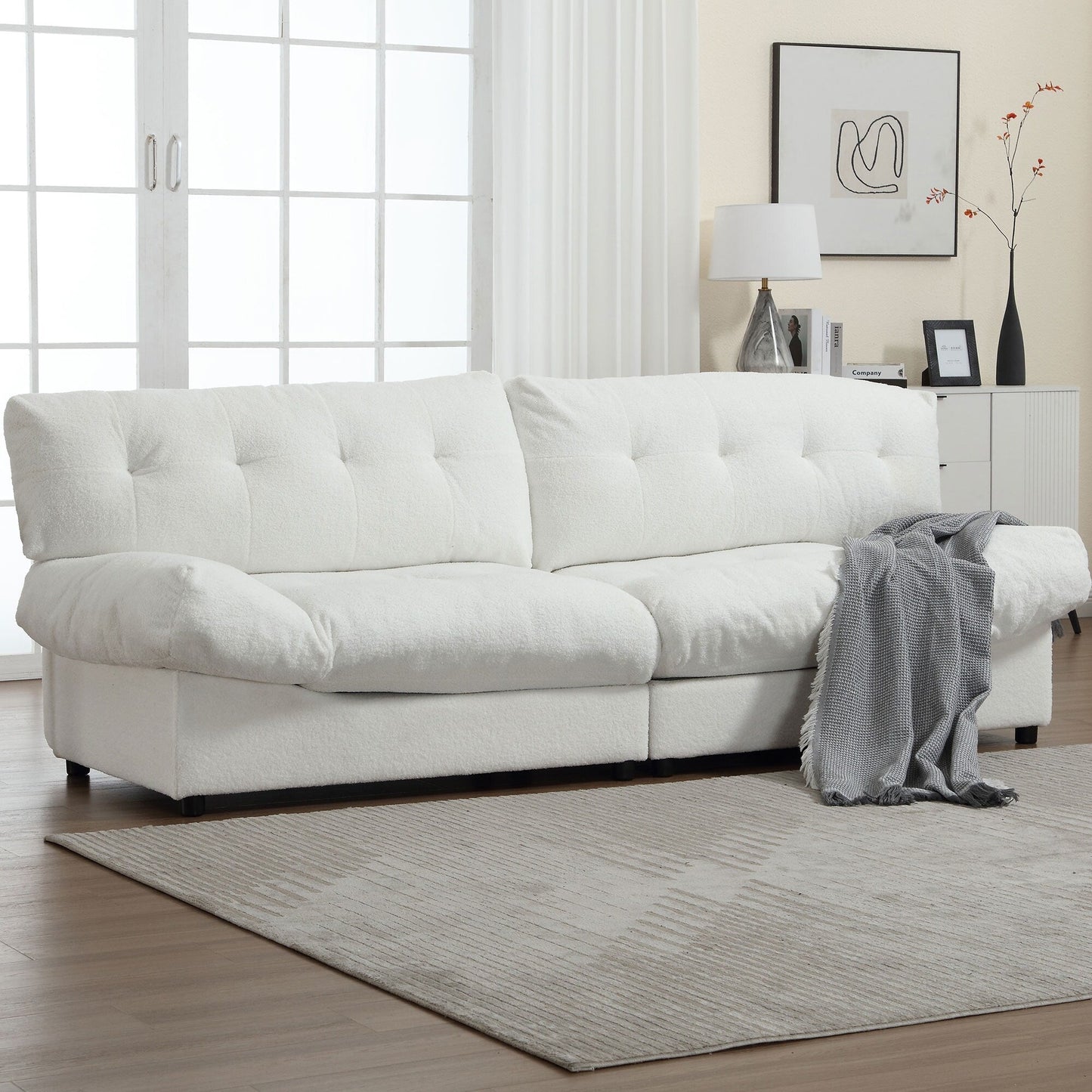 White 96.46'' Button-Tufted Fabric 2-Seater Sofa, Sturdy and Comfy Frame for Living Room