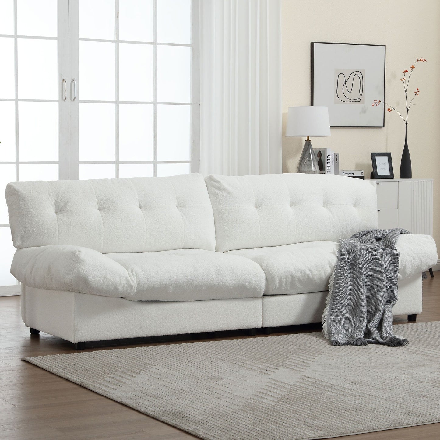 White 96.46'' Button-Tufted Fabric 2-Seater Sofa, Sturdy and Comfy Frame for Living Room