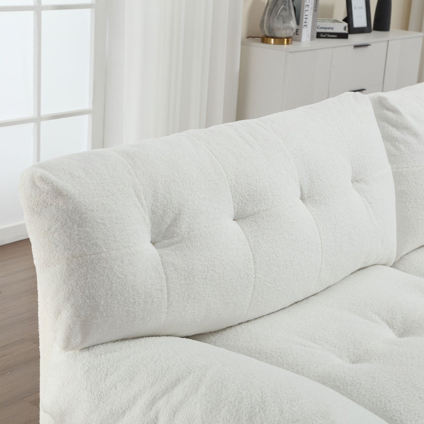 White 96.46'' Button-Tufted Fabric 2-Seater Sofa, Sturdy and Comfy Frame for Living Room