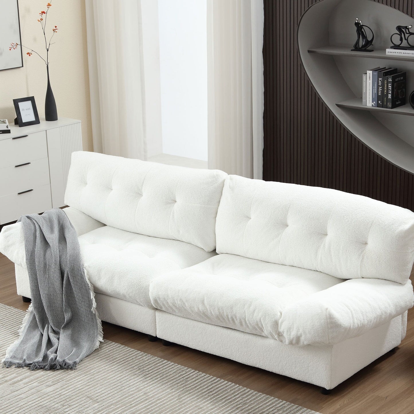 White 96.46'' Fabric 2 Seater Sofa with Button Tufting, Comfy and Sturdy Frame for Living Room and Apartment