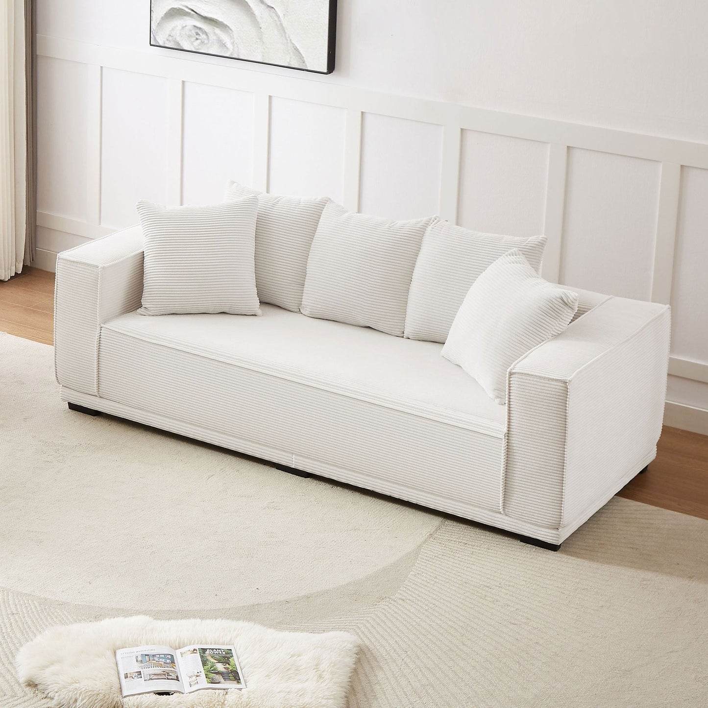 White Corduroy Upholstered 3-seater Sofa with Toss Pillows