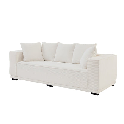 White Corduroy Upholstered 3-seater Sofa with Toss Pillows