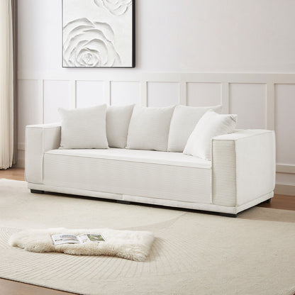 White Corduroy Upholstered 3-seater Sofa with Toss Pillows