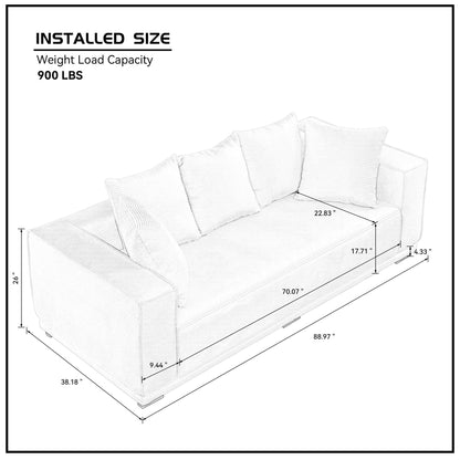 White Corduroy Upholstered 3-seater Sofa with Toss Pillows