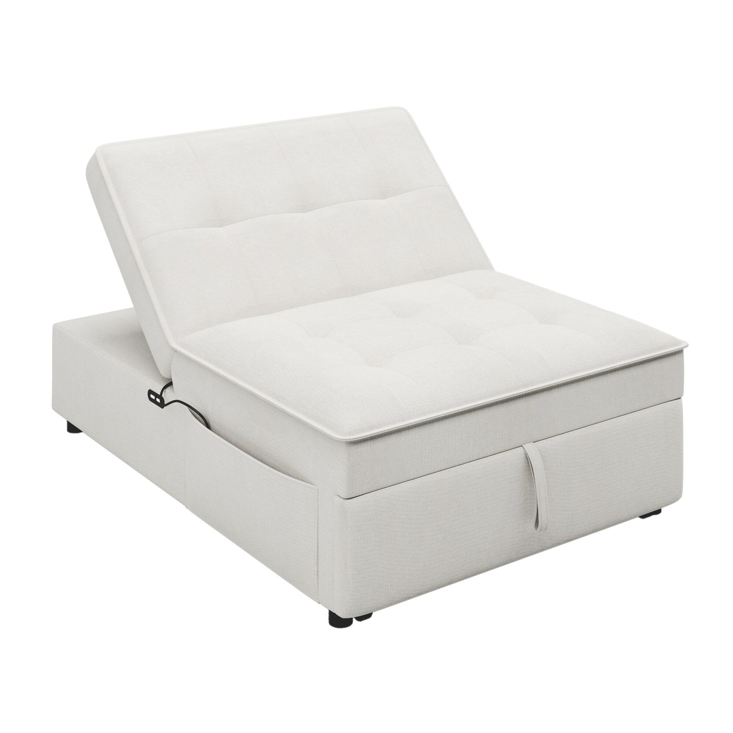 White Linen Ottoman Sofa Bed with Storage Pocket and USB Port
