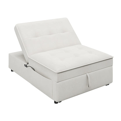White Linen Ottoman Sofa Bed with Storage Pocket and USB Port