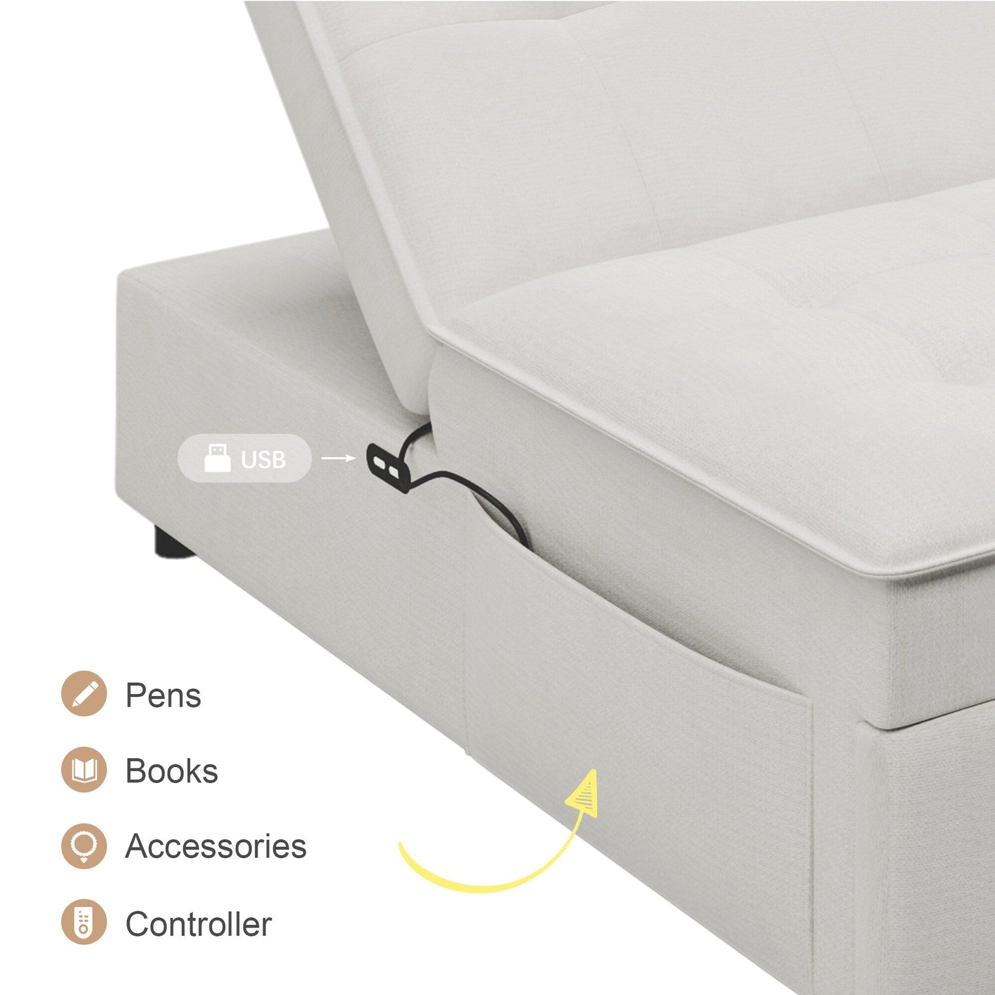 White Linen Ottoman Sofa Bed with Storage Pocket and USB Port