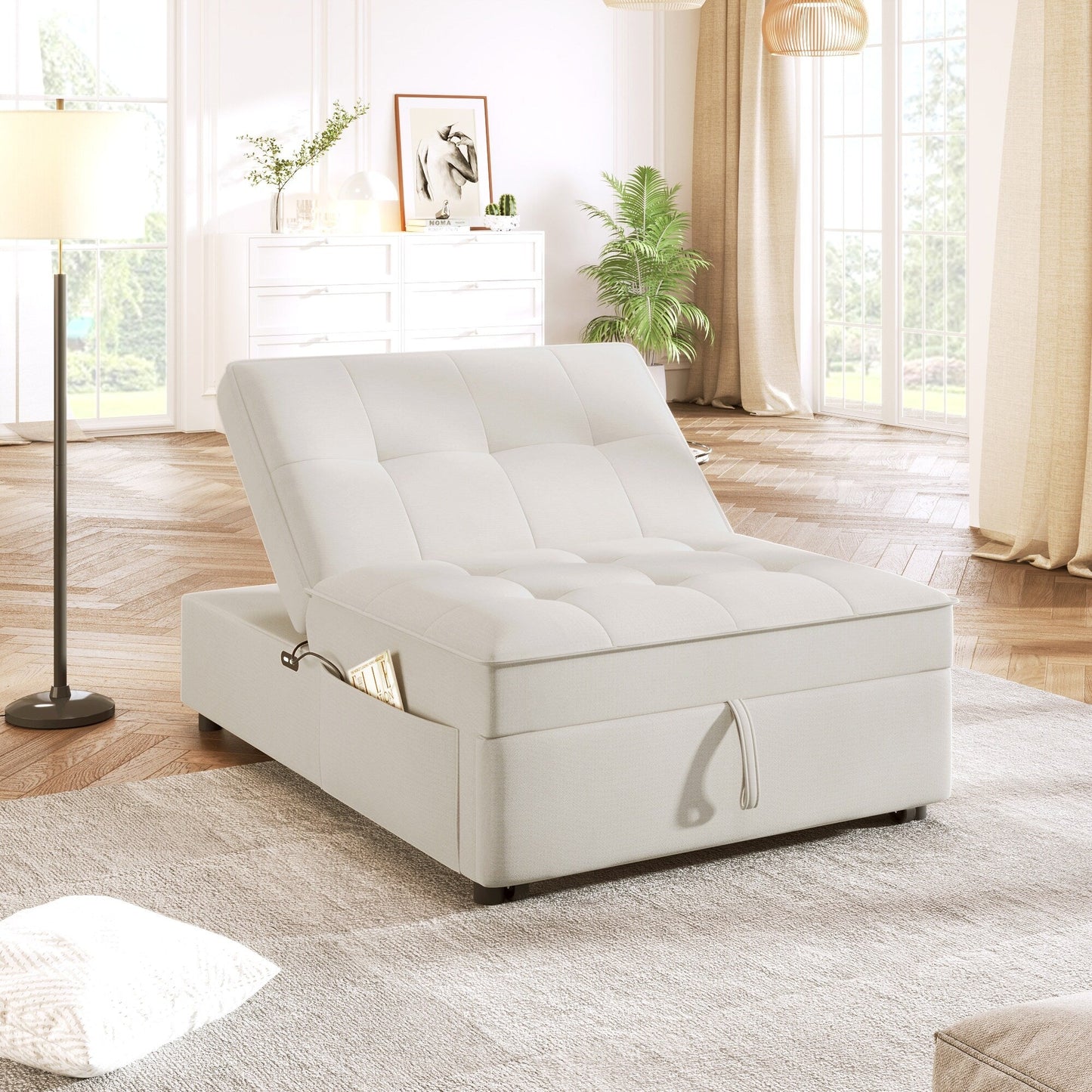 White Linen Ottoman Sofa Bed with Storage Pocket and USB Port