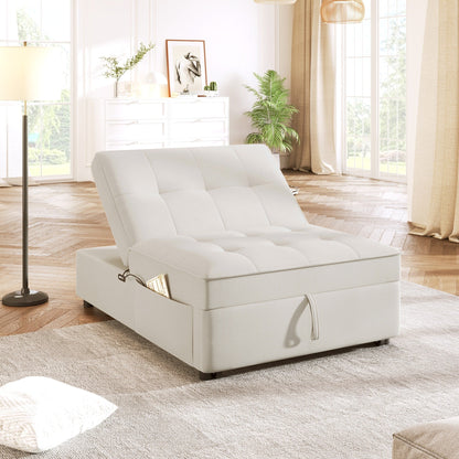 White Linen Ottoman Sofa Bed with Storage Pocket and USB Port