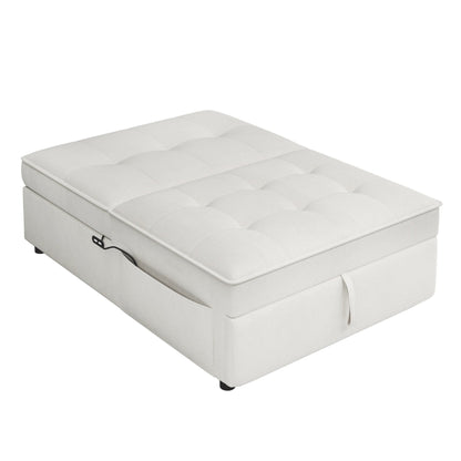 White Linen Ottoman Sofa Bed with Storage Pocket and USB Port