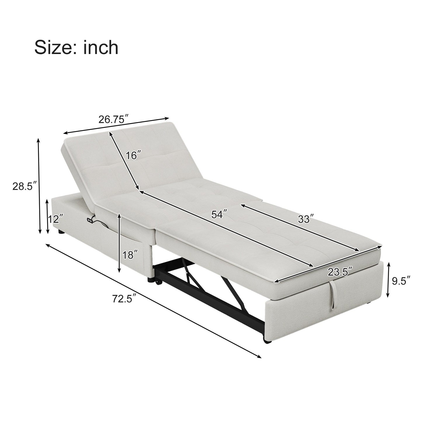 White Linen Ottoman Sofa Bed with Storage Pocket and USB Port